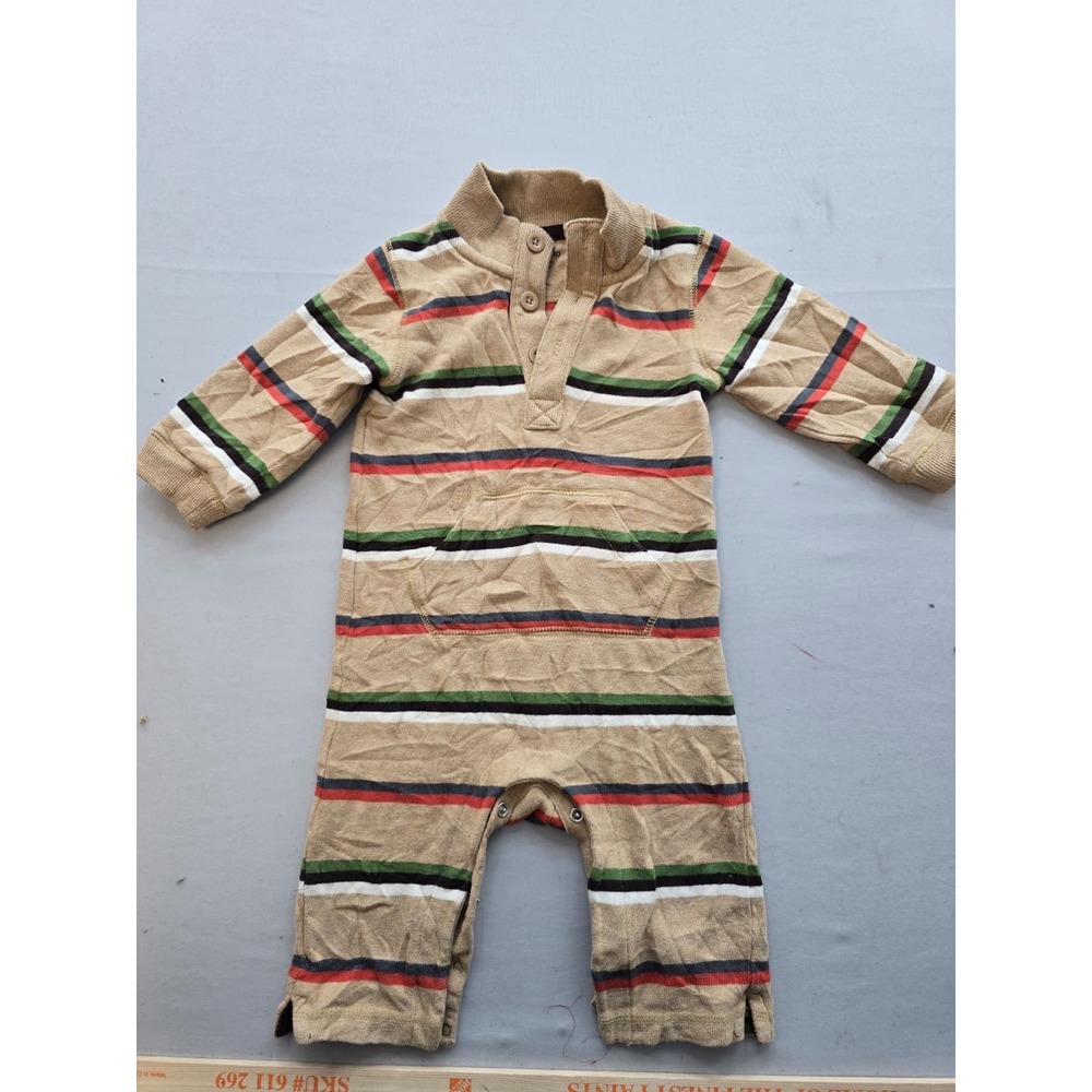 babyGap Baby Boys Tan Striped Henley Knit Coverall Romper 6-12 Months